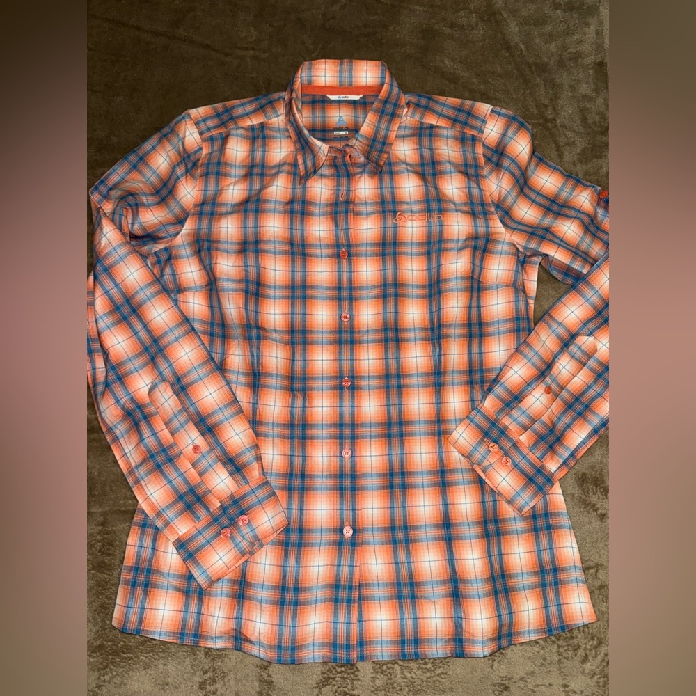 Women's Plaid Button-Down Shirt - Orange and Blue